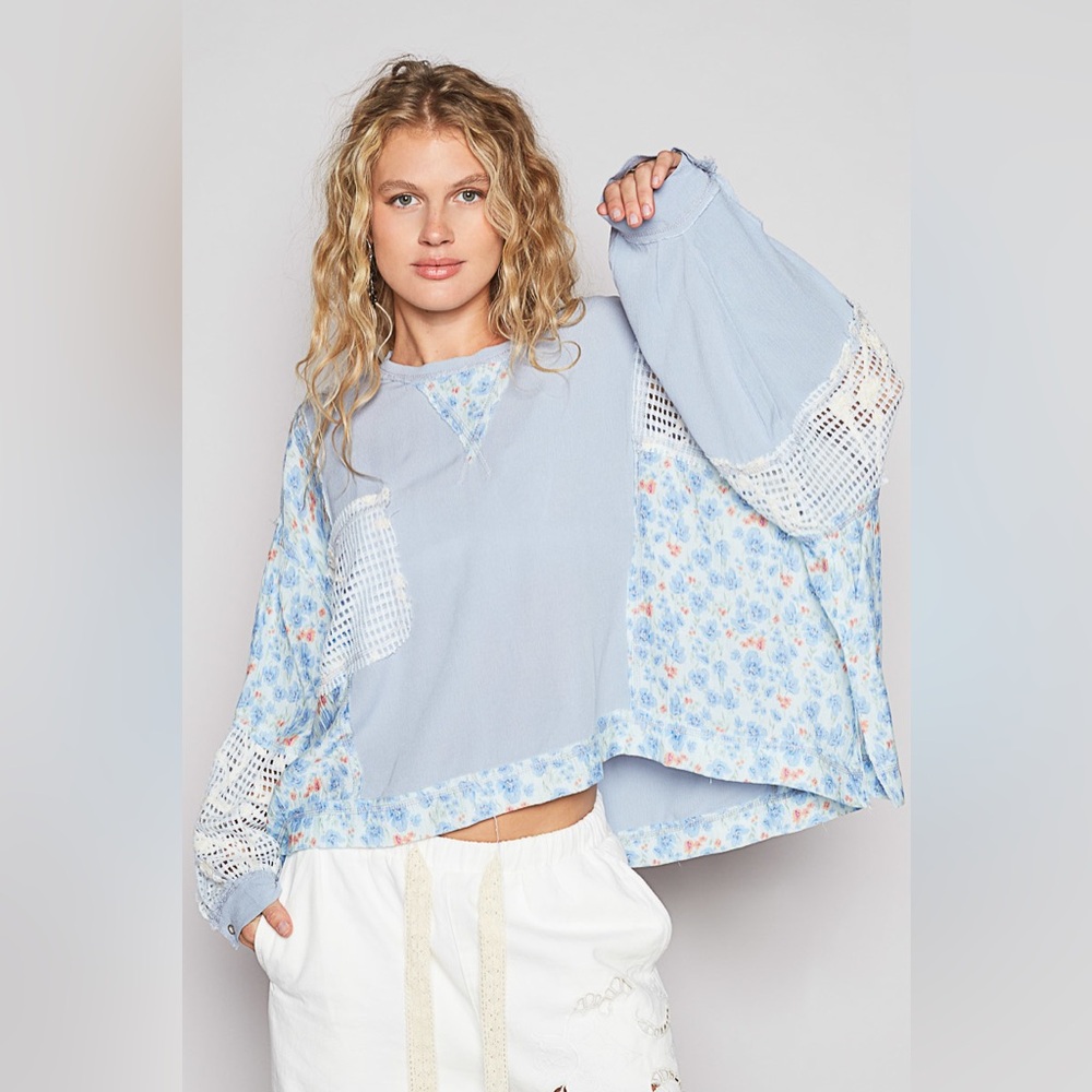 POL Floral Patchwork Blue Top